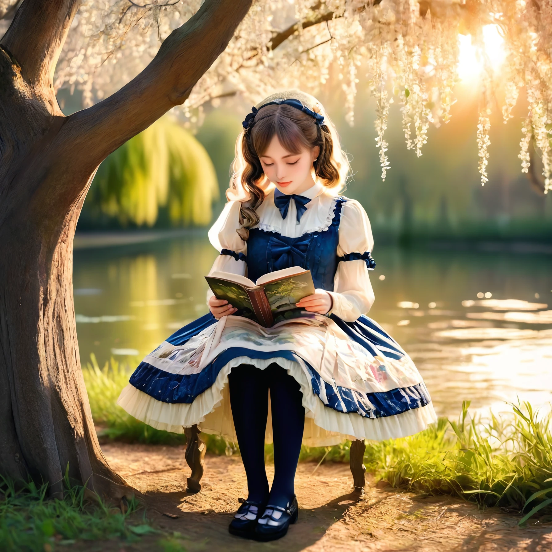 photorealistic, highly detailed Storytelling Photo of a girl adorned in a sweetjsk dress and blouse and tights, reading a vintage book under a weeping willow by a tranquil pond, softly lit by the setting sun, photographed from a distance to convey a serene and nostalgic narrative.  <lora:sweetlolitaxlv3_5:1.0>