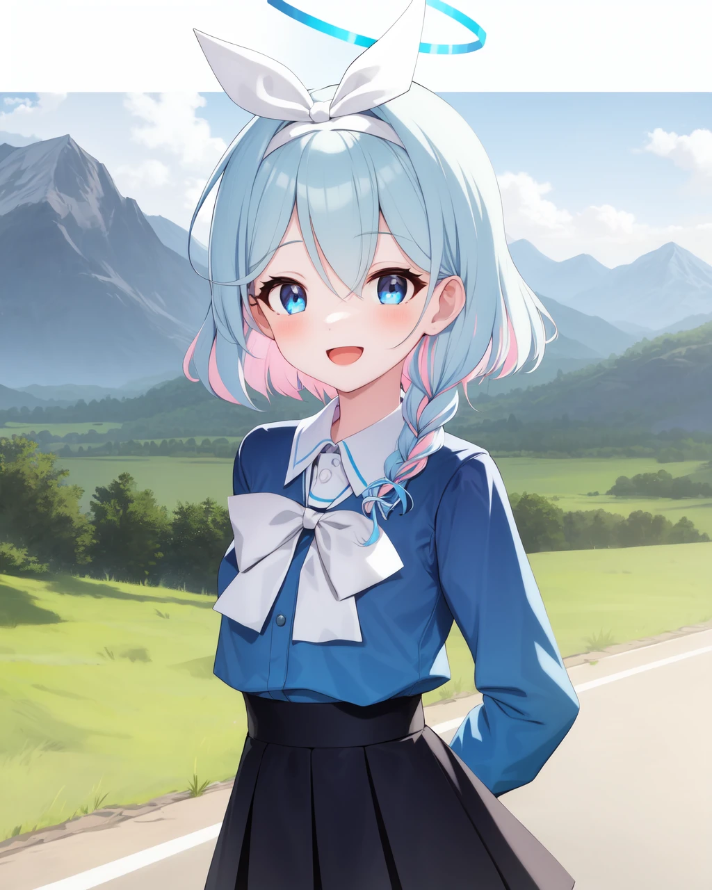 1girl, solo, looking at viewer, smile, short hair, open mouth, bangs, blue eyes, skirt, outdoors, walking,  landscape, mountain, shirt, long sleeves, white background, bow, ribbon, school uniform, blue hair, pink hair, braid, multicolored hair,  , arona (blue archive), blue halo, 8K, masterpiece, beautiful