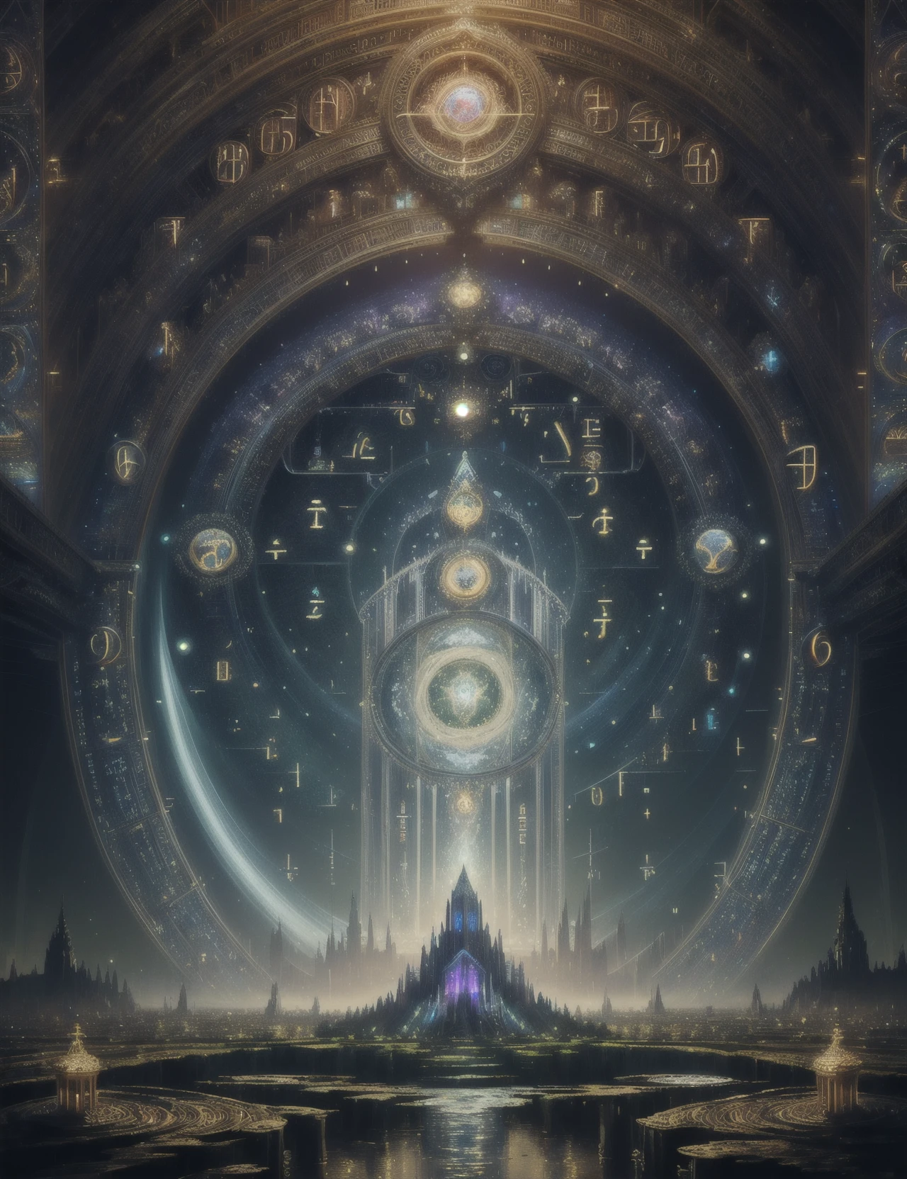 hyper detailed masterpiece, dynamic, awesome quality,DonMM4thM4g1c math magic, (numbers and symbols:1.3),hyper detailed masterpiece, dynamic realistic digital art, awesome quality,growing twilight terrace of thought,effervescent repository of revelations,mechanical cathedral distortion,holographic waterfalls, ethereal,ethnic traditions,sovereign,maritime activities,effervescent, <lora:DonMM4thM4g1c-000008:0.75>