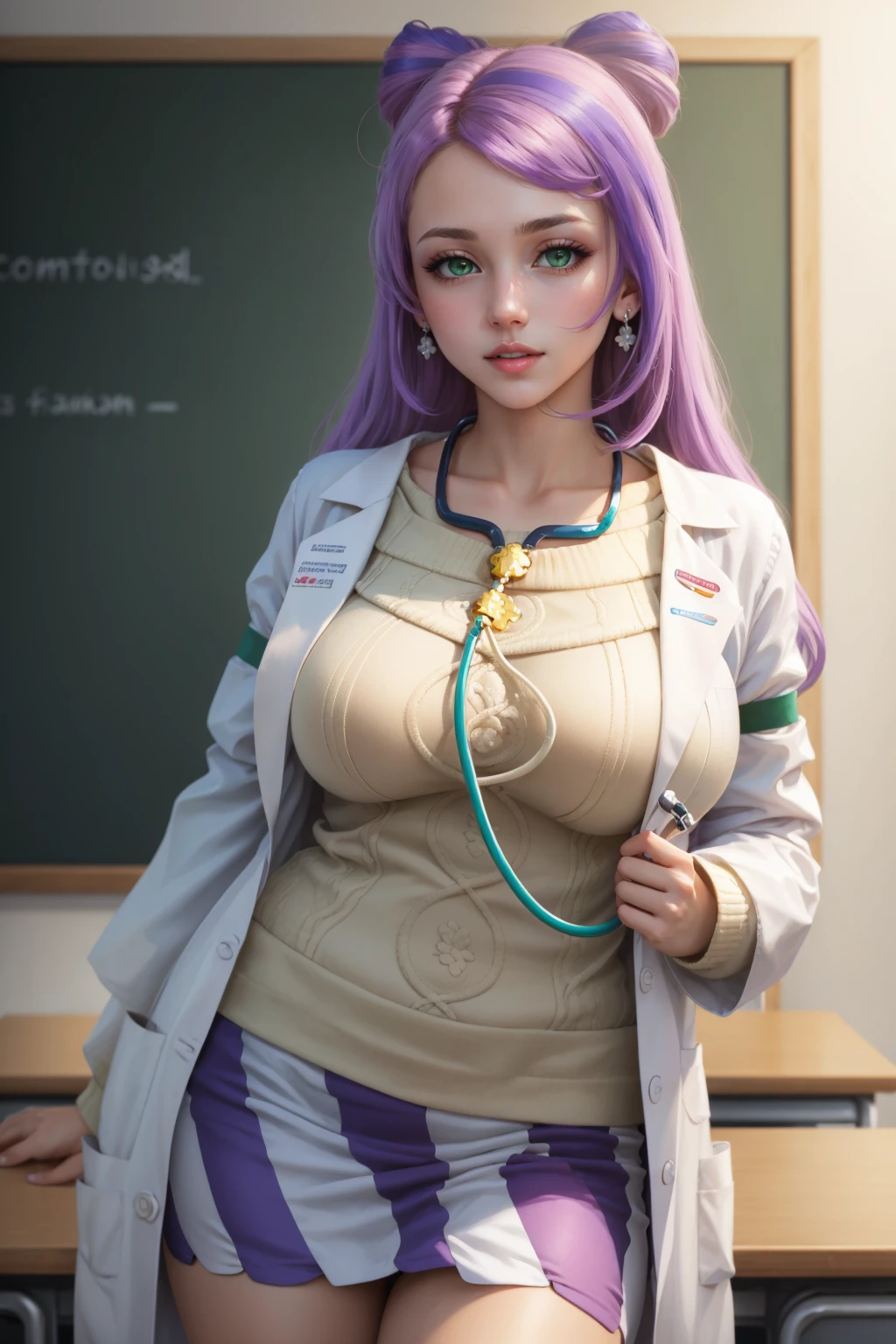 (girl by Fullwater:1)(best quality), (masterpiece), 1 girl, early 20's, huge heavy breasts, busty, perky breasts, thick, thick lips, wide hips, earrings, labcoat, stethoscope, sweater, purple skirt