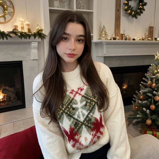 <lora:tarankaaa_sd15_512_128_64_v1:1>tarankaaa, 1girl brown hair, wearing christmas sweater, christmas decoration in background, lit fireplace in background