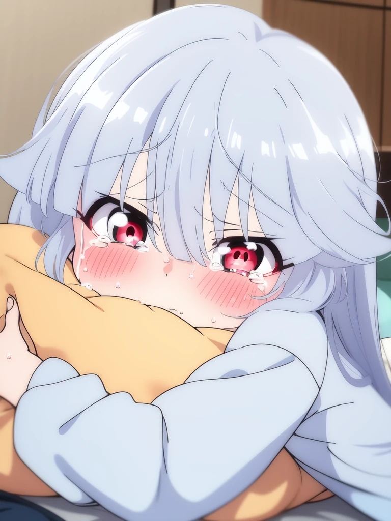 <lora:Yukimusume:1>Yukimusume, 1girl, solo, long hair, red eyes, eyes visible through hair, lying, blush, tears, blurry, on stomach, blue hair, bangs, indoors, blurry background, depth of field, pillow, looking at viewer, closed mouth, long sleeves, crying, wide sleeves, sweat, object hug, crying with eyes open, pillow hug