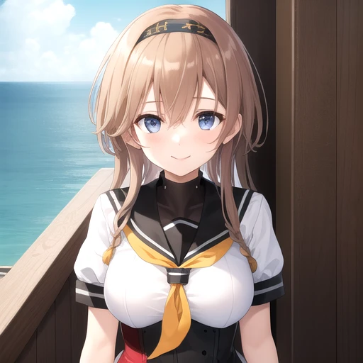 ((masterpiece)),(best quality),official art,extremely detailed CG,unity 8k wallpaper,ultra detailed,A lighthouse on a cliff by the sea,1girl,solo,upper body,(portrait:1.2),school_uniform,serafuku,clothes_writing,hachimaki,propeller_hair_ornament,twin_braids,long_hair,pleated_skirt,black_skirt,black_sailor_collar,black_headband,blue_eyes,yellow_neckerchief,light_brown_hair,smile,white_thighhighs,brown_hair,miniskirt,thigh_strap,corset,grey_eyes,looking_at_viewer,short_sleeves,socks,hair_between_eyes,knee_boots,multicolored_gloves,hairband,white_gloves,medium_breasts,red_footwear,<lora:Teruzuki(kan)>,
