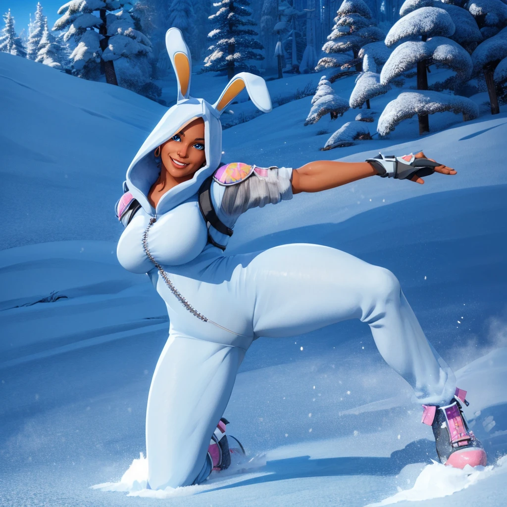 a woman sliding in the snow, (full body), beautiful eyes, beautiful girl, high detail skin, high detail eyes, high detail hair, highres, ultra detailed, Highly detailed,masterpiece, best quality, <lora:Bunny BrawlerPennyLoRA:1> penny, dressed, bunny, with, ears, smile