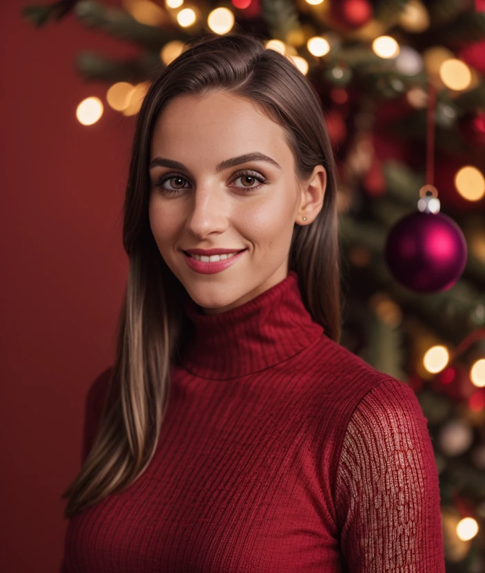 photo of (f3d3), RAW, Red background, Spectacular light, dress Turtleneck color intricate Christmas  color intricate, (Colorful flowering), 8k, soft lighting, high quality, film grain, Olympus OM1 sharp focus, f 3.4, (eyeliner), (seductive pose), upper body, smile 