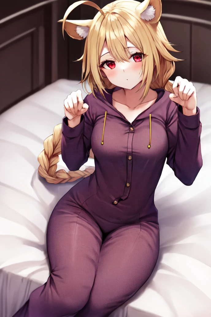 masterpiece, best quality, 1girl, lambda-11, <lora:LambdaV2:1>, blonde hair, ahoge, red eyes, (single braid), braid, medium breasts, <lora:OnesiePJs:0.7>, onesie, on bed, paw pose,