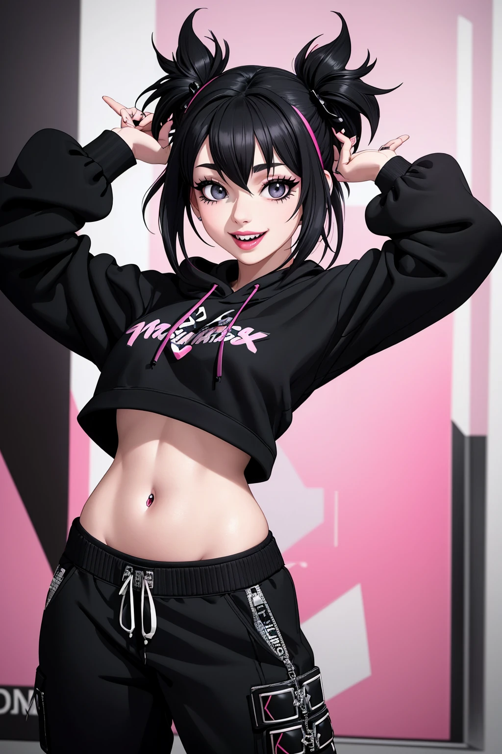 ((Masterpiece, best quality,edgQuality)),
smiling,excited,
edgPastelGoth,a woman in a black hoodie and cargo pants ,wearing edgPastelGoth
 <lora:edgPastelHoodies:1>