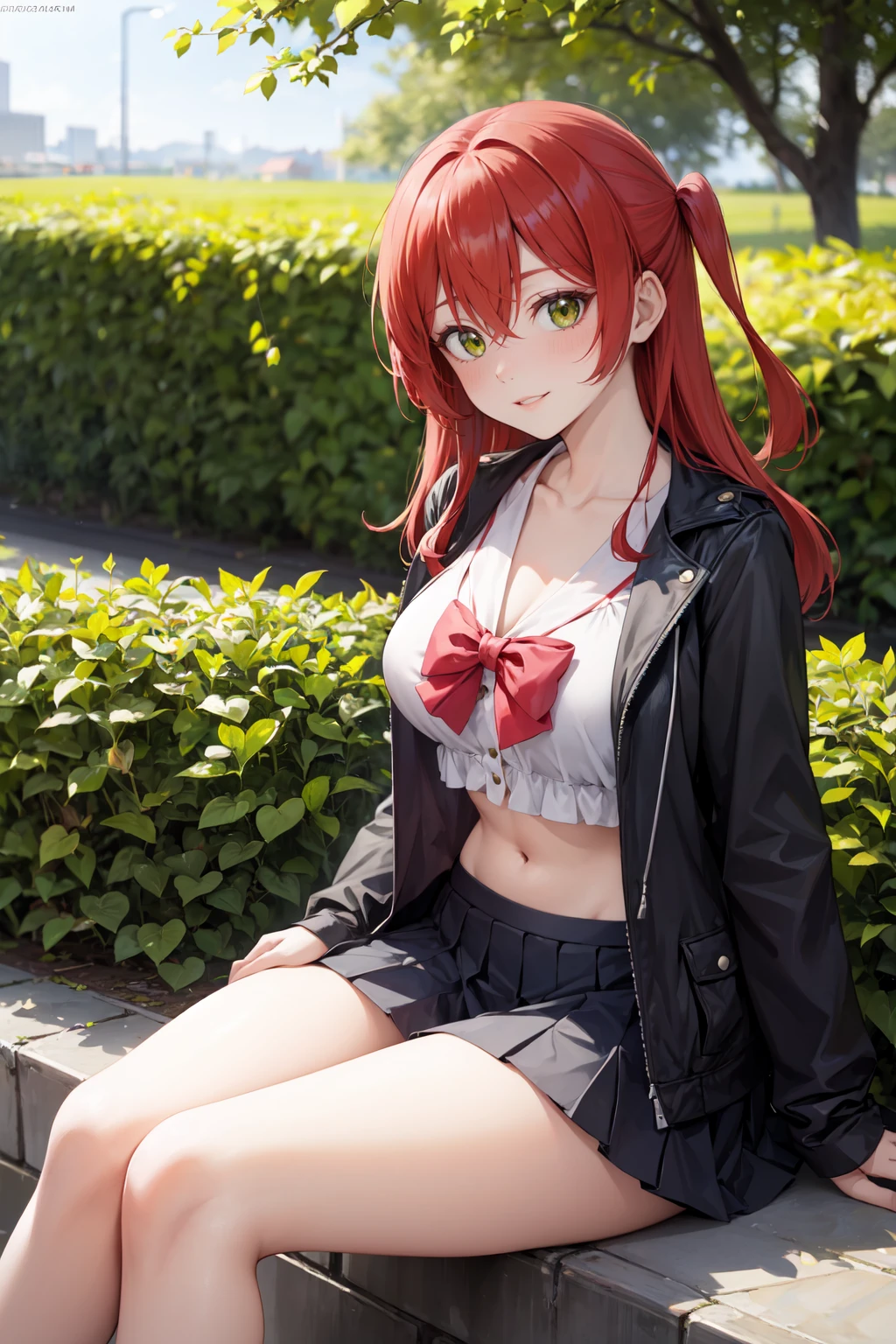 An anime girl with red hair and blue eyes wearing a skirt and an open shirt revealing a black and red bra