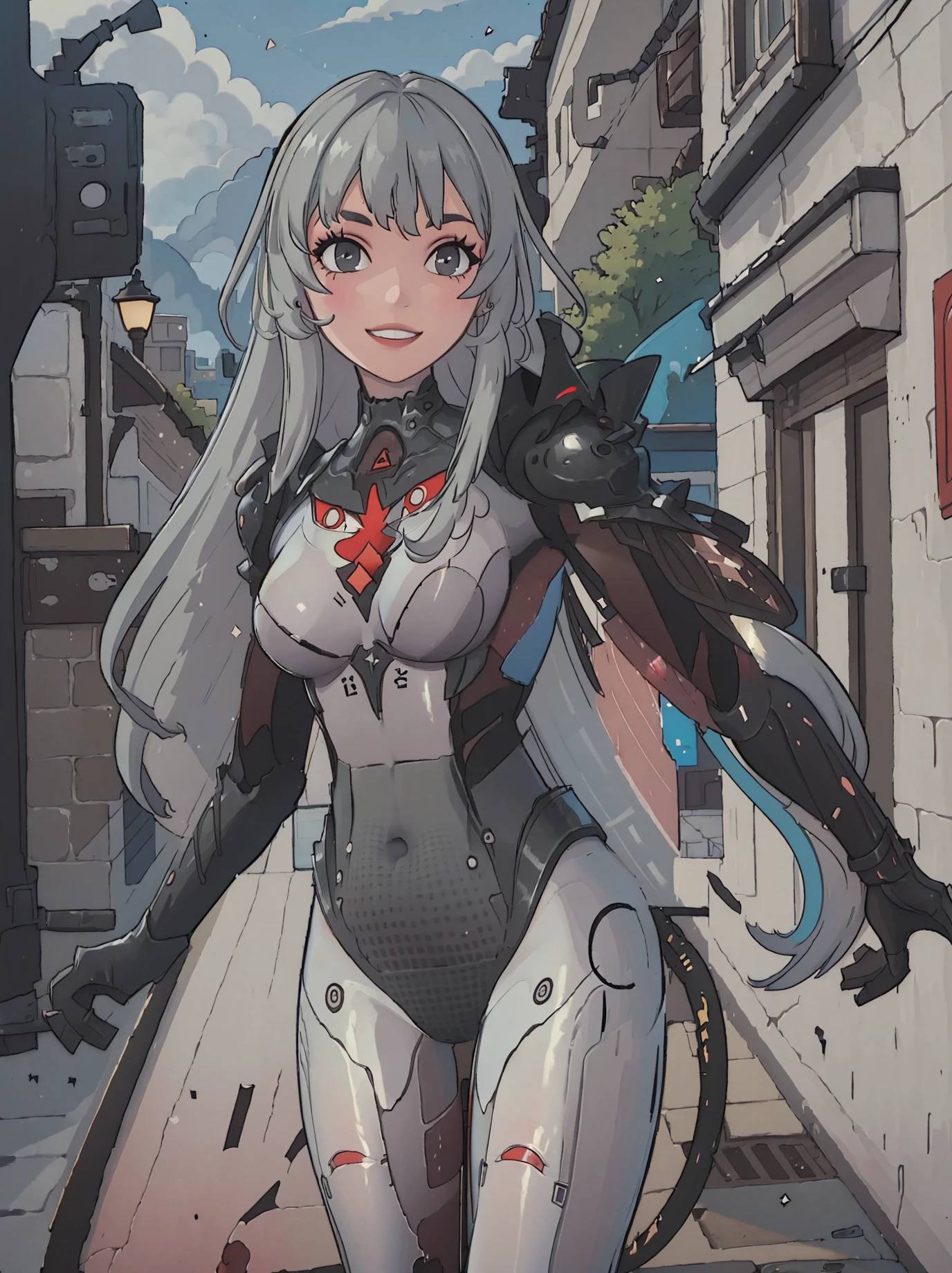 (1girl),(solo:1.2),<lora:neg4all_bdsqlsz_V3.5:1>,illustration,highres,extremely detailed 8k wallpaper,third-party edit,depth of field,game CG,
nice hands,perfect hands,<lora:GoodHands-beta2:1>,<lora:leibiliya_LoRA-000018:0.85>,full body,looking at viewer,walking on street,(sweet smile:1.3),park background,
(grey hair,long hair,bodysuit,covered navel:1.2),from front,
