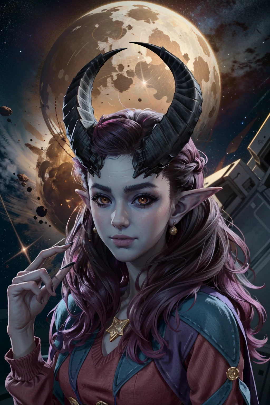 ((ultra detailed, masterpiece, best quality))
<lora:BGAlfira:0.8>
BGAlfira, long hair, colored skin, horns, demon girl, on space station, stars and space background