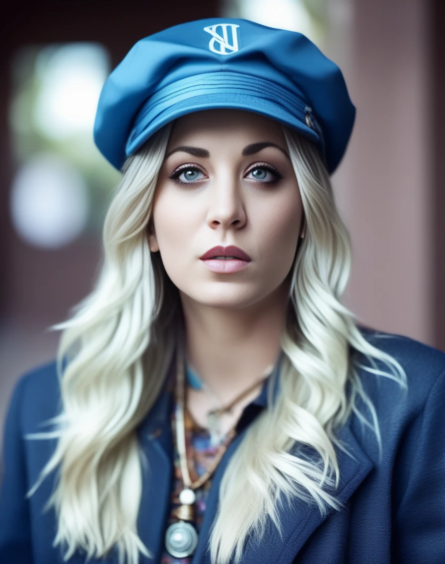 KaleyCuoco,<lora:KaleyCuocoSDXL:1>,Realistic photo of a beautiful woman, 1girl, solo, long hair, hat, jewelry, blue hair, jacket, multicolored hair, necklace, bracelet, lips, realistic, fashion, soft lighting, professional Photography, Photorealistic, detailed, RAW, analog, sharp focus, 8k, HD, DSLR, high quality, Fujifilm XT3, film grain, award winning, masterpiece