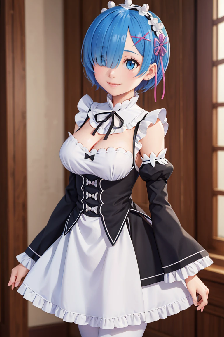masterpiece, best quality, highres, aarem, short hair, maid headdress, x hair ornament, hair ribbon, hair over one eye, large breasts, frills, neck ribbon, cleavage, dress, detached sleeves, white apron, waist apron, white pantyhose, <lora:rem_v1:0.8>, cowboy shot, smile,