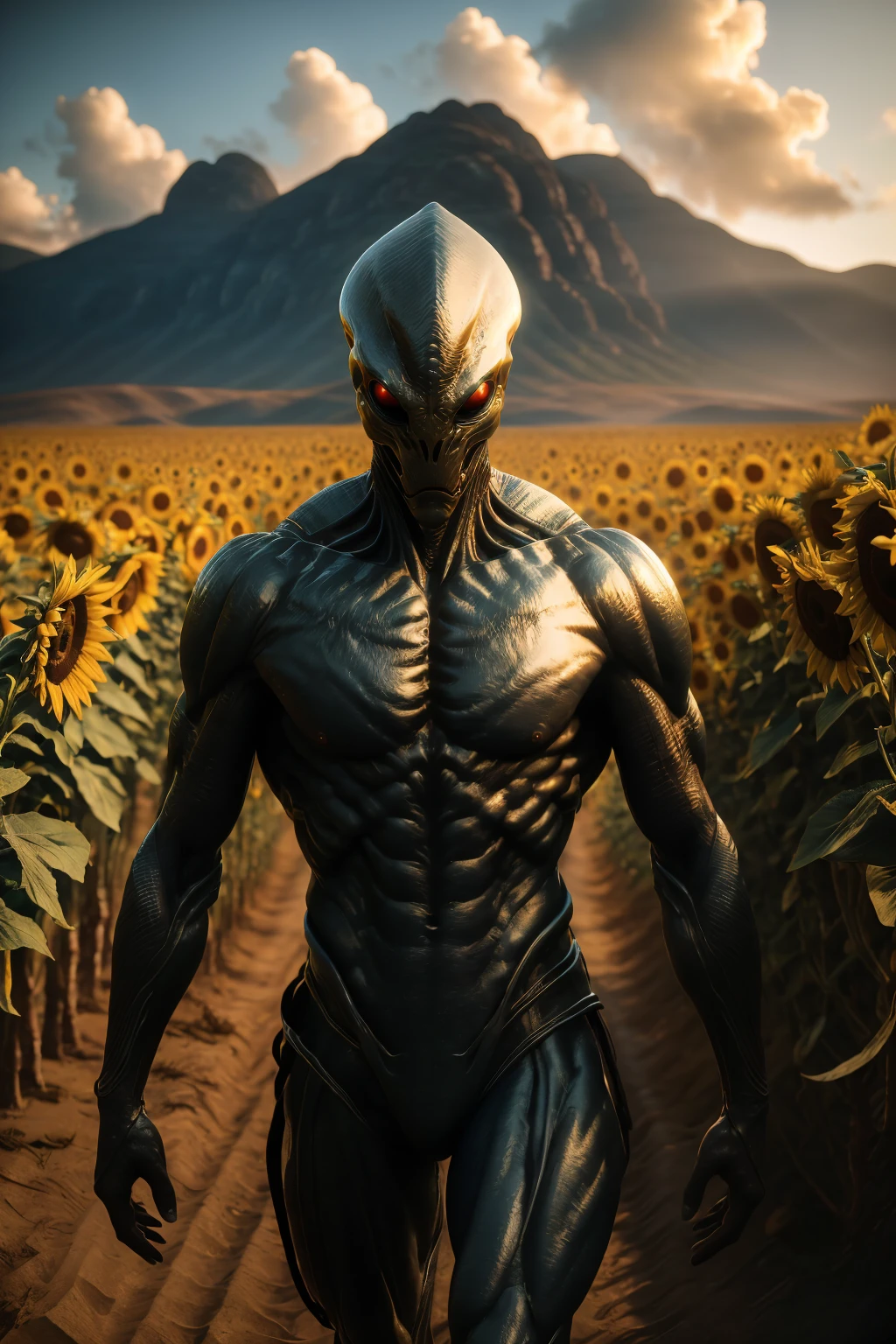 <lora:arandomalien_v2-000010:1> masterpiece of photorealism, photorealistic highly detailed 8k photography, best cinematic quality, volumetric lighting and shadows, bloodthirsty human hunter muscular rndmln, predator braids, demon armor, dynamic pose, Sunflower Fields, 360-Degree Aerial View of a Coastline