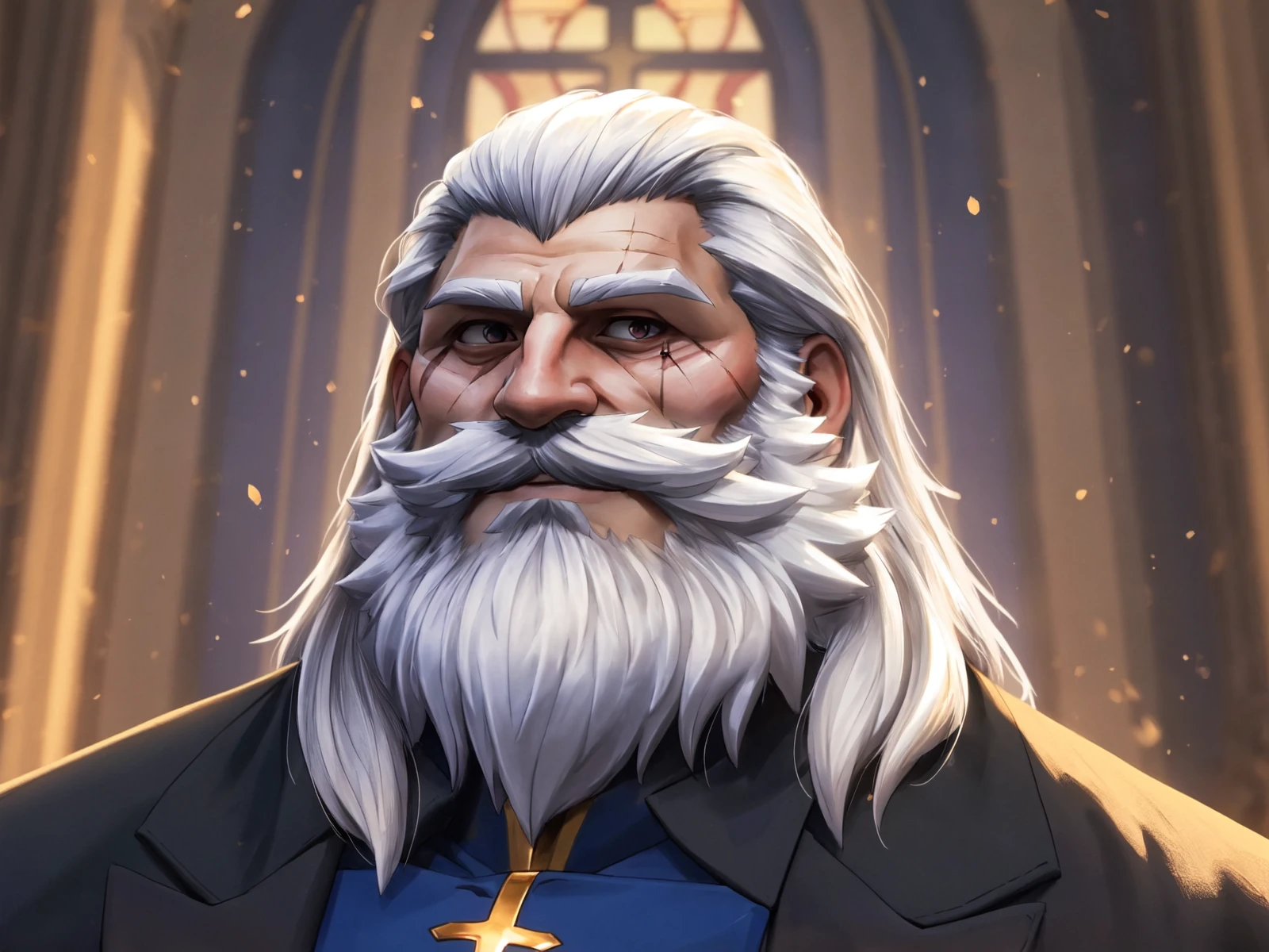 (human,full body),The priest standing in the church, in a fitted suit, formal attire, smile, sunset, white beard, long mustache, long hair, eye scars, the,Best quality,masterpiece,4k,8k,highly detailed,detailed face,realistic proportions,sharp focus,male focus,<lora:reinhardt-000005:0.6>,reinhardt,