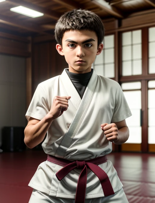 best quality, masterpiece, highres, detailed, cosplay, realistic, 1 teenage boy, <lora:Detail - add_detail:0.2>, HxHZushi, short hair, dougi, black belt, thick eyebrows, white pants, <lora:Character - HxHZushi:0.8>, bad, dojo, fighting stance,