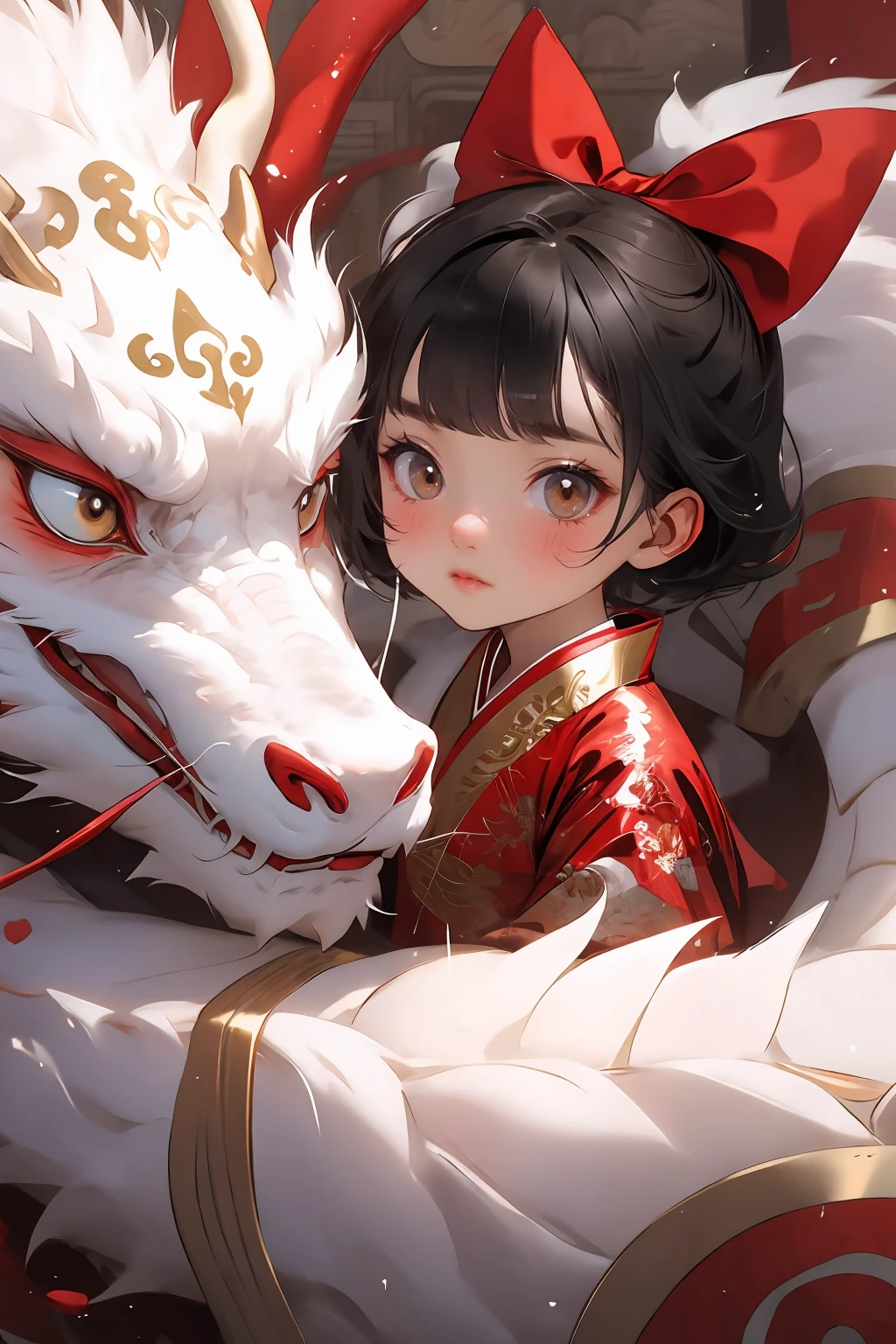 <lora:long2ZHENGZE-000012:0.7>,chahua,1girl,black hair,hair bow,looking at viewer,blush,brown eyes,red bow,dragon,bangs,short hair,child,closed mouth,lips,solo,female ,red new year clothes,