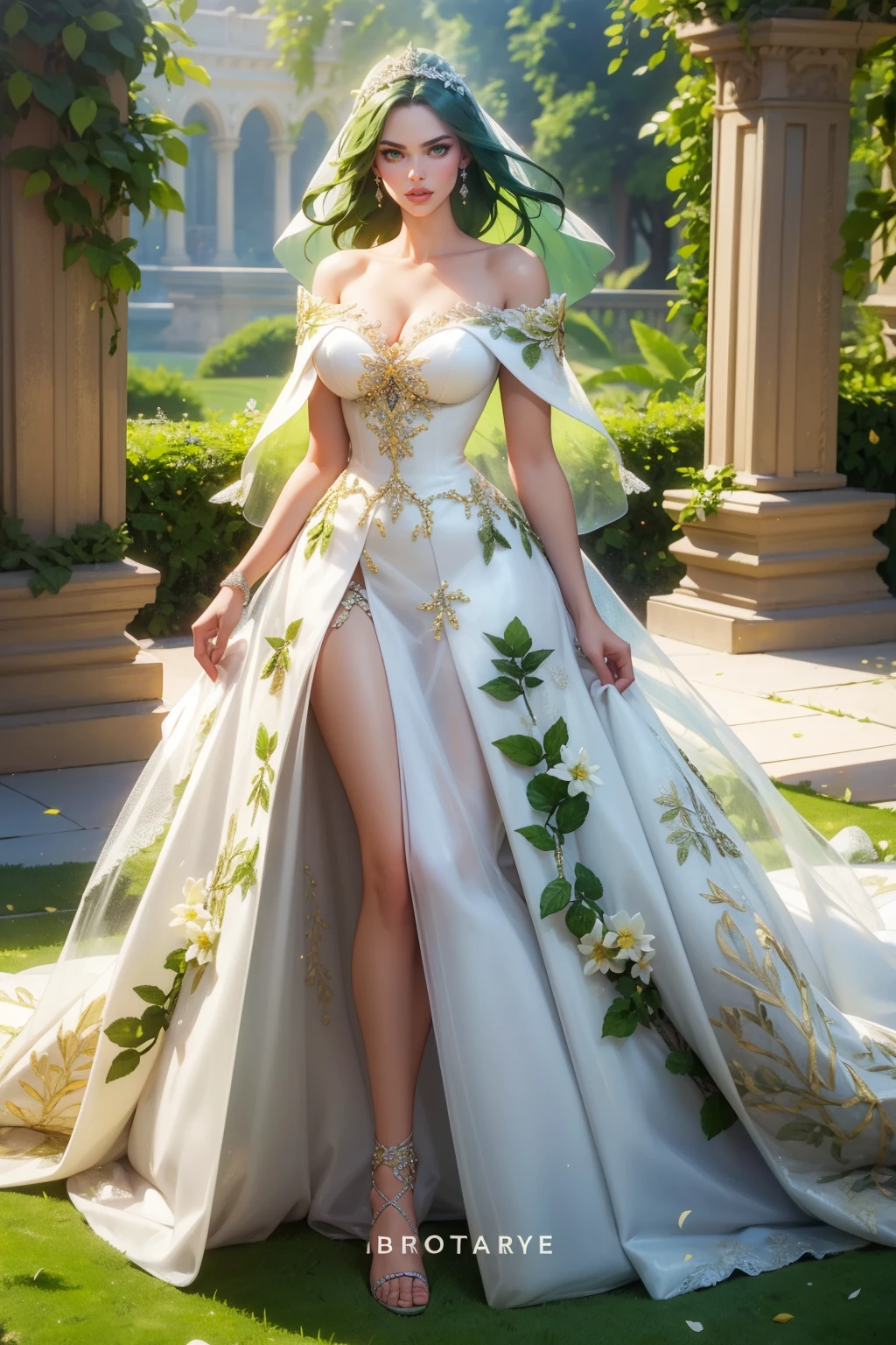 masterpiece, best quality, high quality, v1nedr3ss, jungle, long green hair, green eyes, flowers, vines, dress, white dress, wedding dress, <lora:detail_slider_v4:3>   <lora:lip_slider_v21:2>  <lora:age_slider_v2:3> <lora:v1nedr3ss:0.7>