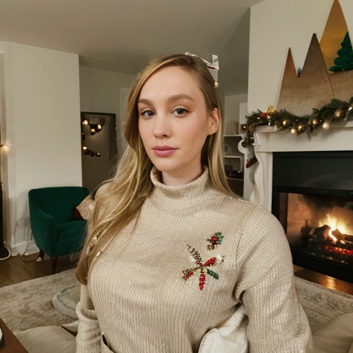 <lora:eefjah_sjokz_sd15_512_128_64_v1:1>sjokz,1girl blonde hair, wearing christmas sweater, christmas decoration in background, lit fireplace in background