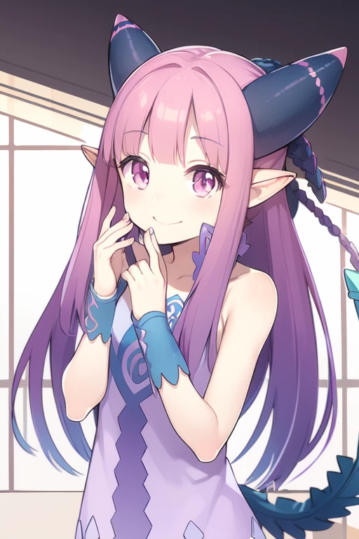 <lora:milleaf:1> milleaf, tail, smile, horn, upper body, pointy ears,