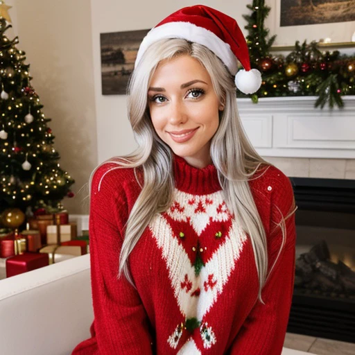 <lora:alanahpearce_sd15_512_128_64_v1:1>alanahpearce, 1girl white blonde long weavy curly hair, wearing christmas sweater, christmas decoration in background, lit fireplace in background