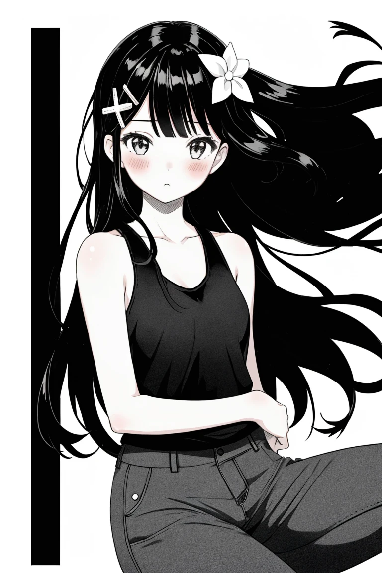 1girl, solo, long hair, white background, (monochrome), blush, simple background, black clothes, hair ornament, bangs, pants, bare shoulders, closed mouth, top tank
