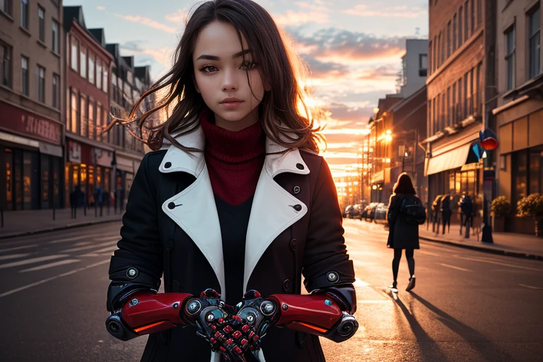 masterpiece, best quality, one arm + (white cyber arm), woman, black coat, red sweater, in street + sunset, (portrait view + looking at viewer), dark lighting, <lora:cyber arm:0.7>