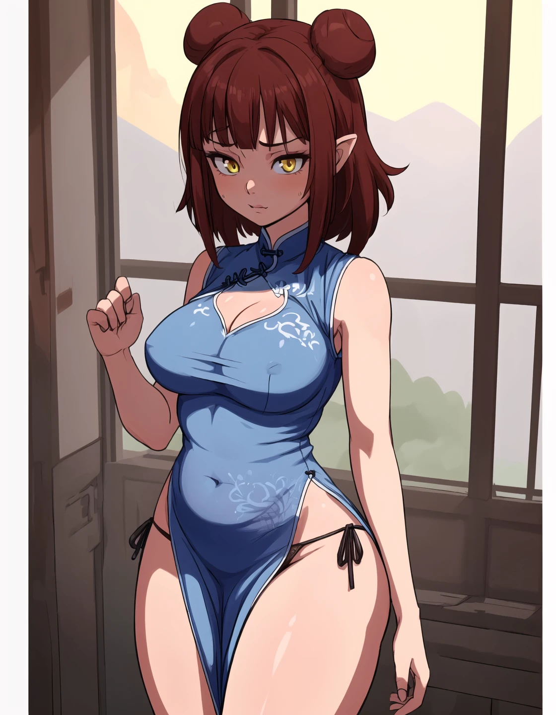 best quality, afterglow, 4k, ((masterpiece)), extremely detailed, 8k, trending on ArtStation, Intricate, High Detail, Sharp focus,  drspnts <lora:drspnts:1>, 1girl, dress, (side slit), underwear, panties, side-tie panties, thighs, (pelvic curtain), (thick thighs, wide hips), china dress, ((cowboy shot, upper body)), <lora:more_details:0.5>