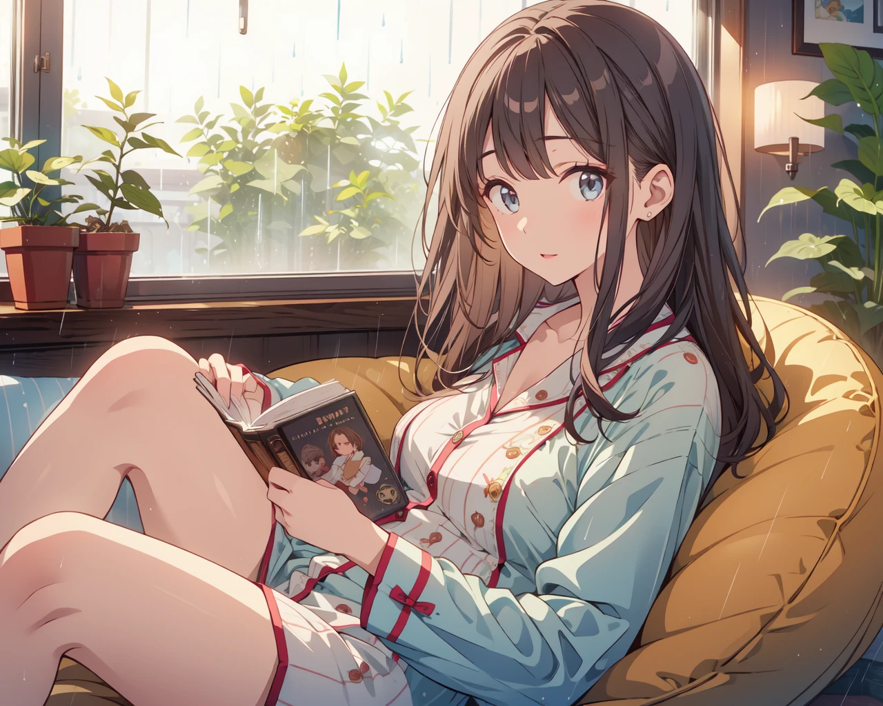 ((rainy day)), (water on window), cozy apartment with plants, a woman reading a book, cozy bean bag chair, pajamas, detailed face