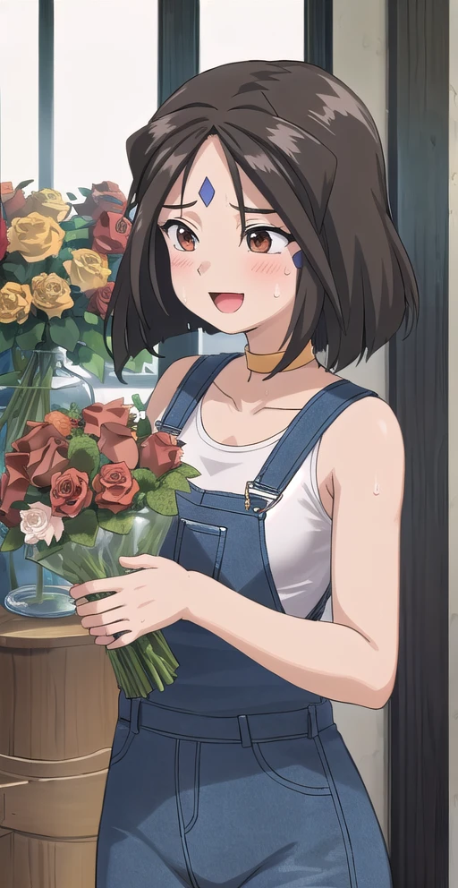 Peorth, 1girl, solo, working flower shop, roses, sunny, glass windows, happy, overalls, tank top, sweat, perfect quality, good quality, masterpiece, HDR, UHD <lora:Peorth:0.7>