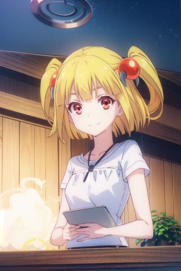 pattythesummer, <lora:patty the summer-lora-nochekaiser:1>,
patty the summer, short hair, blonde hair, (red eyes:1.3), twintails, two side up, hair ornament, smile,
BREAK shirt, (white shirt:1.5),
BREAK outdoors, forest, nature, sun, sky, clouds,
BREAK looking at viewer, (cowboy shot:1.5),
BREAK <lyco:GoodHands-beta2:1>, (masterpiece:1.2), best quality, high resolution, unity 8k wallpaper, (illustration:0.8), (beautiful detailed eyes:1.6), extremely detailed face, perfect lighting, extremely detailed CG, (perfect hands, perfect anatomy),