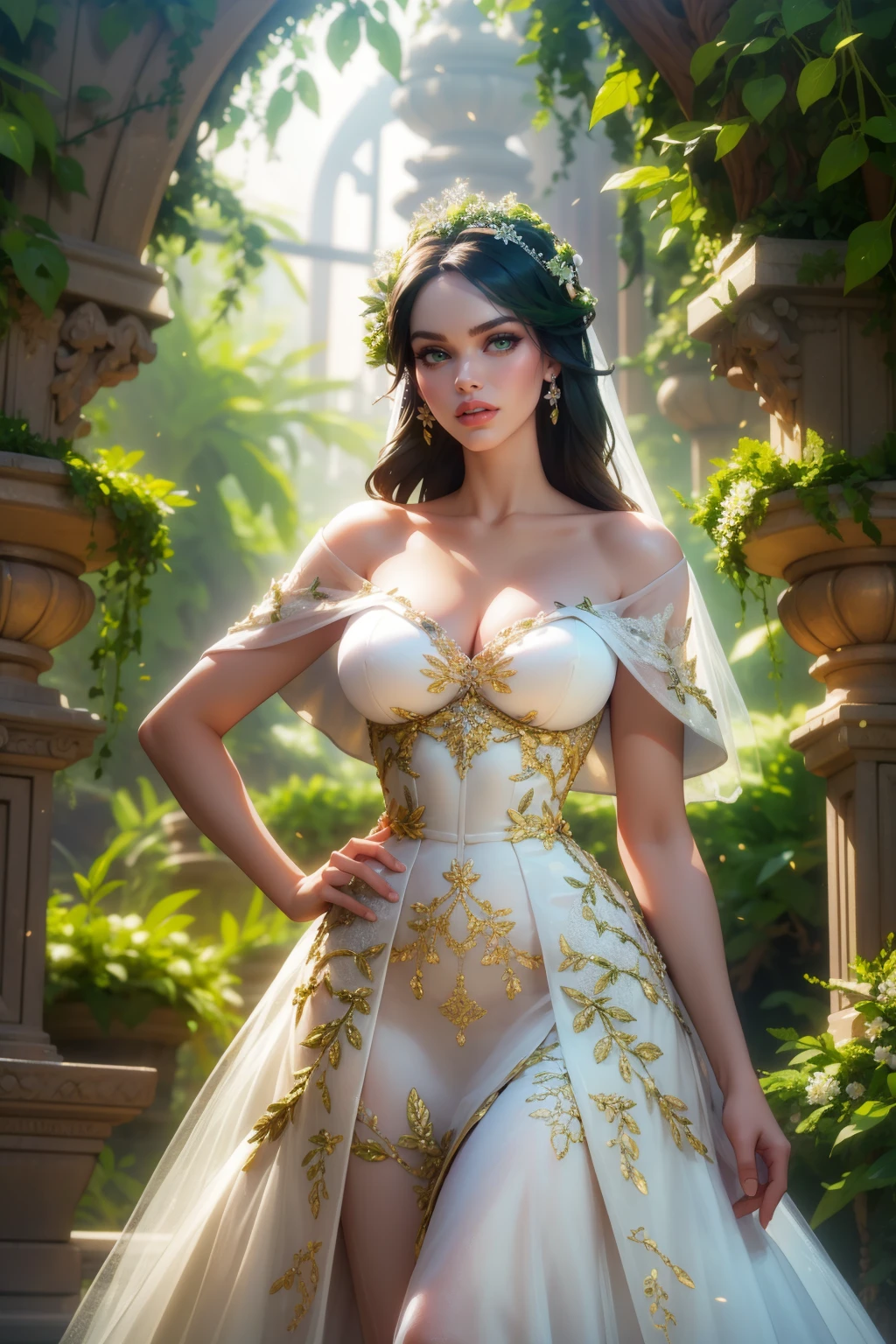 masterpiece, best quality, high quality, v1nedr3ss, jungle, long green hair, green eyes, flowers, vines, dress, white dress, wedding dress, <lora:detail_slider_v4:3>   <lora:lip_slider_v21:2>  <lora:age_slider_v2:3> <lora:v1nedr3ss:0.7>