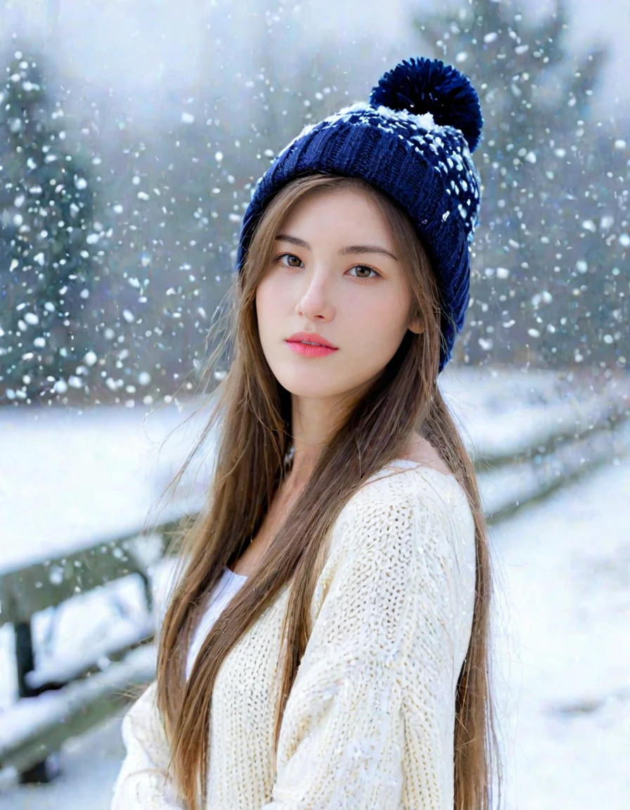 adult girl, long hair, hat, sweater, snowing background