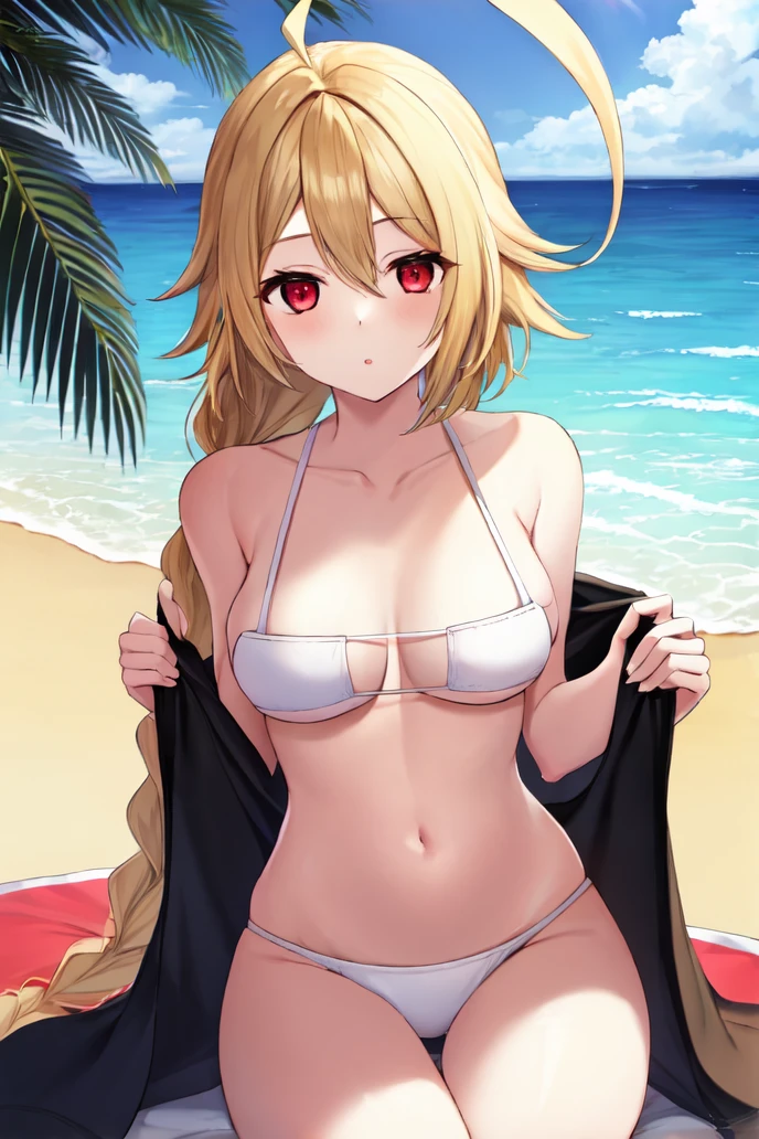 masterpiece, best quality, 1girl, lambda-11, <lora:LambdaV2-14:1>, blonde hair, ahoge, red eyes, (single braid), braid, medium breasts, <lora:eyepatch_bikini_v0.1:1>, bikini, beach, sand, ocean,