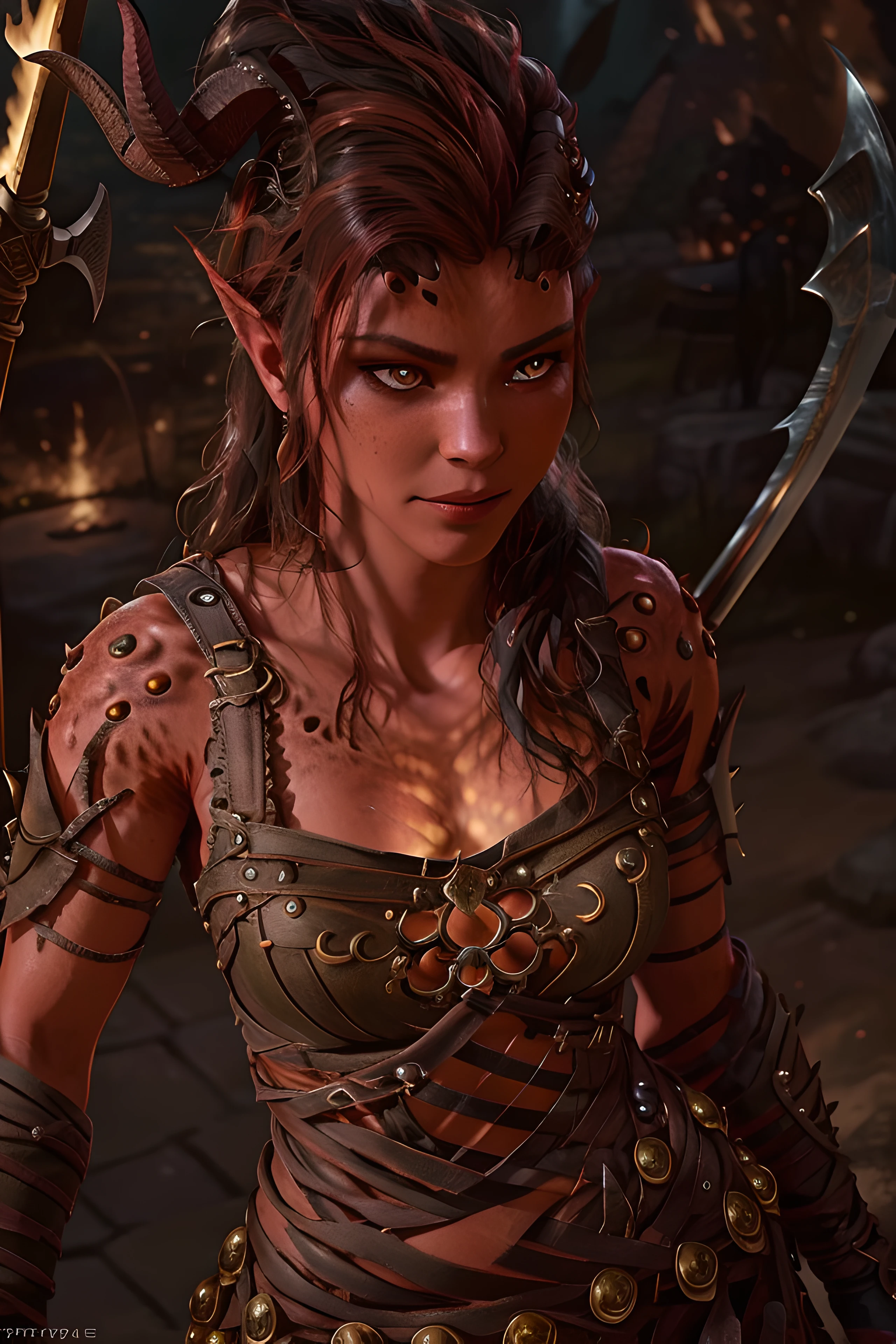 Masterpiece, best quality, absurdres, high res, intricate detail, high detail, cinematic lighting, fantasy 1girl, supermodel, karlach, demon, horn,
portrait, armor, move, light rays from top, shining eyes, hell, fire, axe
 <lora:Karlach__Baldurs_Gate_3:0.8>, (8K),Best quality, masterpiece, ultra high res, (photorealistic:1.4), raw photo, (Authentic skin texture:1.3), (film grain:1.3), (selfie angle),beautiful detailed eyes and face,masterpiece, best quality,close-up,