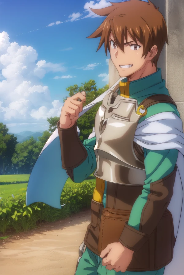 rance, <lora:rance-lora-nochekaiser:1>,
rance, brown hair, (brown eyes:1.5), male focus, smile, grin,
BREAK cape, armor, bodysuit, green bodysuit,
BREAK outdoors, forest, nature, sun, sky, clouds,
BREAK looking at viewer, (cowboy shot:1.5),
BREAK <lyco:GoodHands-beta2:1>, (masterpiece:1.2), best quality, high resolution, unity 8k wallpaper, (illustration:0.8), (beautiful detailed eyes:1.6), extremely detailed face, perfect lighting, extremely detailed CG, (perfect hands, perfect anatomy),