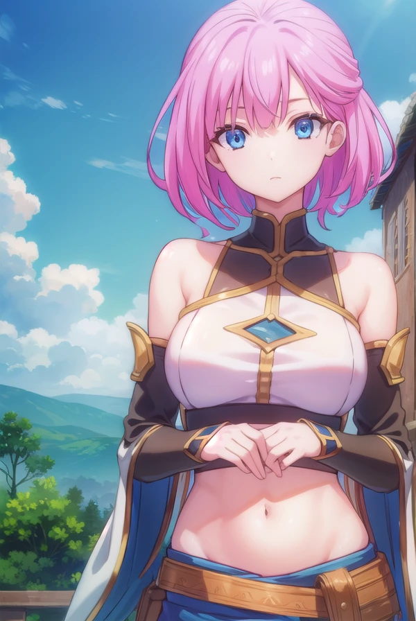 sillplain, <lora:sill plain-lora-nochekaiser:1>,
sill plain, short hair, blue eyes, pink hair,
BREAK navel, bare shoulders, detached sleeves, midriff, wide sleeves,
BREAK outdoors, forest, nature, sun, sky, clouds,
BREAK looking at viewer, (cowboy shot:1.5),
BREAK <lyco:GoodHands-beta2:1>, (masterpiece:1.2), best quality, high resolution, unity 8k wallpaper, (illustration:0.8), (beautiful detailed eyes:1.6), extremely detailed face, perfect lighting, extremely detailed CG, (perfect hands, perfect anatomy),