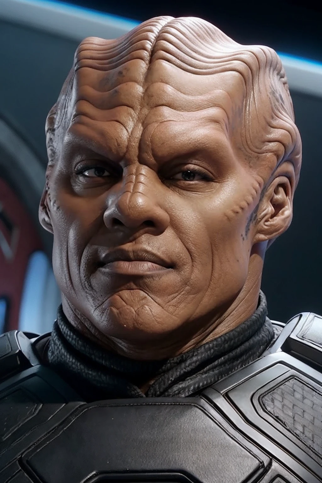 headshot of a moclan man, forehead ridge, bald, dark skin, wearing black armor, facing the camera, scifi starship background,  <lora:race_orville_moclan:0.7>