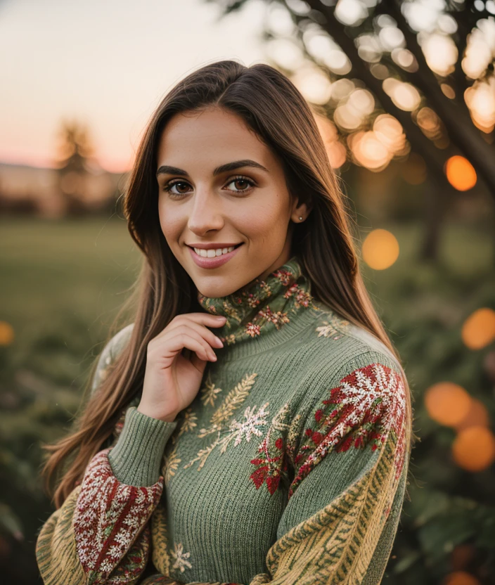 f3d3 photo of (f3d3), RAW, nature, outdoor, Spectacular light, dress Turtleneck color intricate Christmas  color intricate, (Colorful flowering), 8k, soft lighting, high quality, film grain, Olympus OM1 sharp focus, f 3.4, (eyeliner), (seductive pose), upper body, smile 