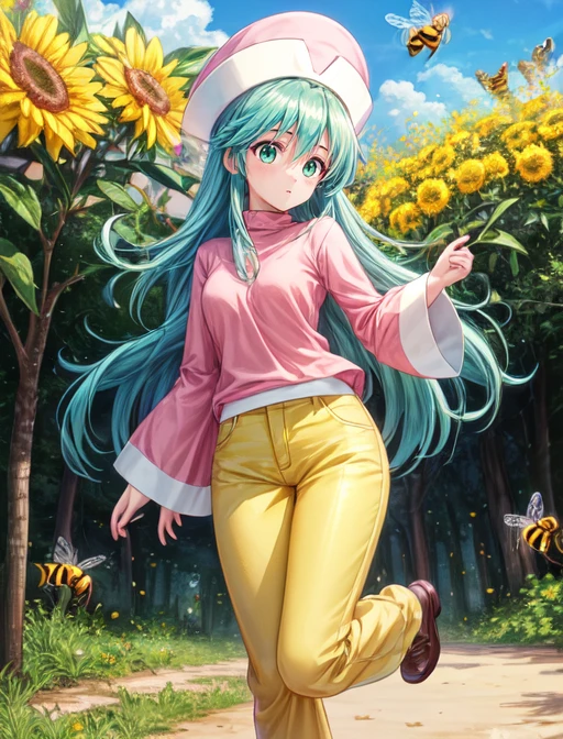 best quality, masterpiece, highres, detailed, digital artwork, <lora:Detail - add_detail:0.2>, HxHPonzu, aqua hair, green eyes, pink shirt, yellow hat, round hat, yellow pants, full body, <lora:Character - HxHPonzu:0.7>, surprise, factory, bees,