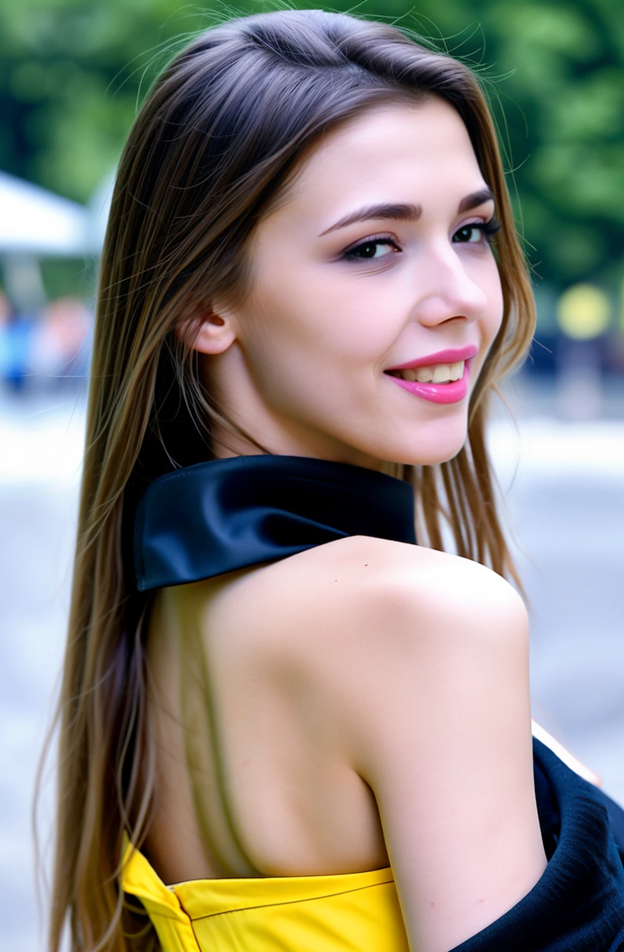 from side ,profile photo of a ukrainian woman named milaazul,<lyco:mila azul_V1:0.85>,Wearing a black collar,Face close-up,looking back, lphotorealistic, happy smile,teeth,long hair, best quality and best aesthetic and (photorealistic:1.4) and (Realistic:1.4) and Detailed Skin Textures and detailed skin pores and high skin detail,<lora:LCM_LoRA_Weights_SD15å éå¨:0.7>,((Outdoors, public places)), <lora:detail_slider_v4:0.7>,<lora:å¢å ç實æepiCRealLife:0.7>, Fujifilm XT3,film still,film grain,cinematic,<lyco:film grainV2:0.4>