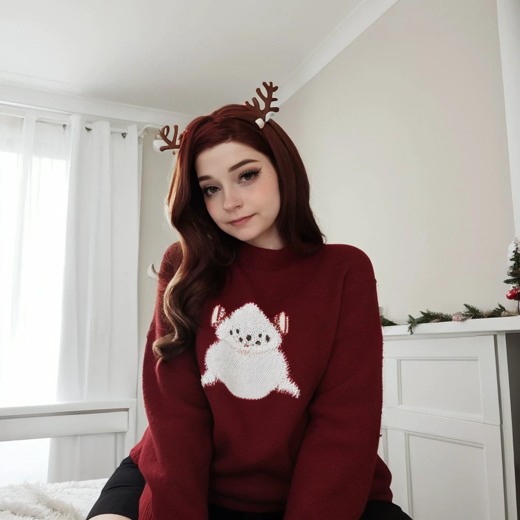 <lora:bambiskii_sd15_512_128_64_v1:1> bambiskii 1girl , wearing christmas sweater, (christmas decoration in background, lit fireplace in background)
