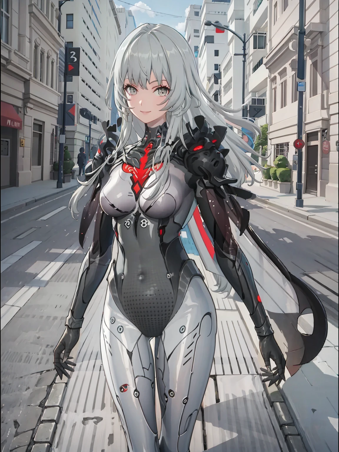 ((((masterpiece, best quality, high resolution)))), OrigFullArm, full armed, 1girl, solo, smile, outdoors, looking at viewer, sky, open mouth, leotard, day, breasts, weapon, thighhighs, cape, building, cloud, standing, head tilt, blue sky, grey hair, knee pads,