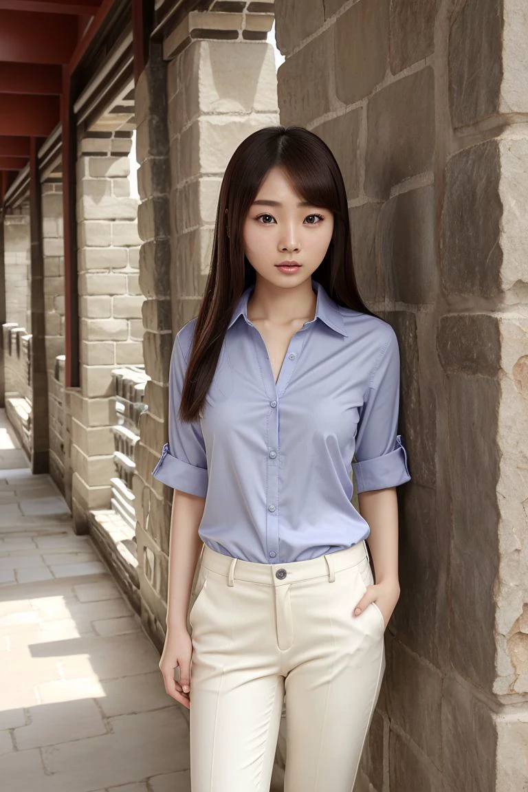 <lora:miyu_suenaga_obj20:0.5>, full_body, standing, sandals, (shirt), pants, (great wall of china), (miyu_suenaga: 1.2), perfect face, (contact iris: 1.1), pale skin, skin pores , depth of field