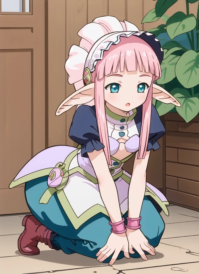<lora:ibara_v10:1>ibarahime, 1girl, solo, ibr-dress, flower headdress, baggy pants, boots, bracelet, 
botanical art, red lose, all fours