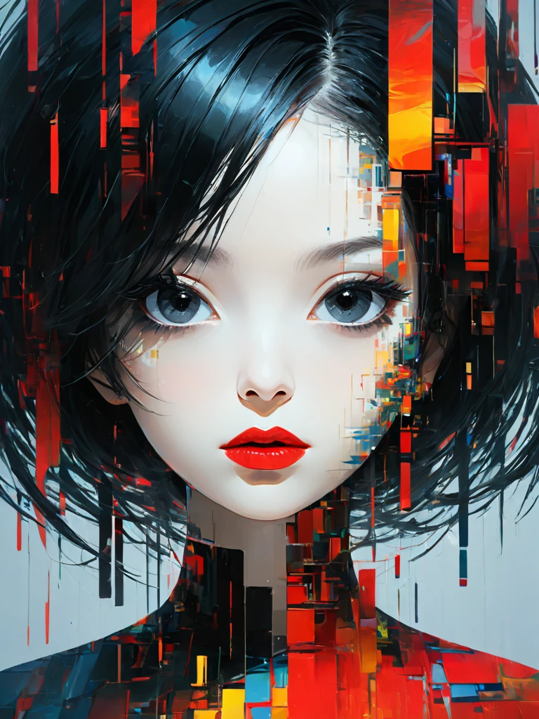 <lora:æéé£:1.2>,(\gu zhang feng\), 1girl, solo, black hair, looking at viewer, portrait, parted lips, lips, black eyes, short hair, abstract, glitch, red lips