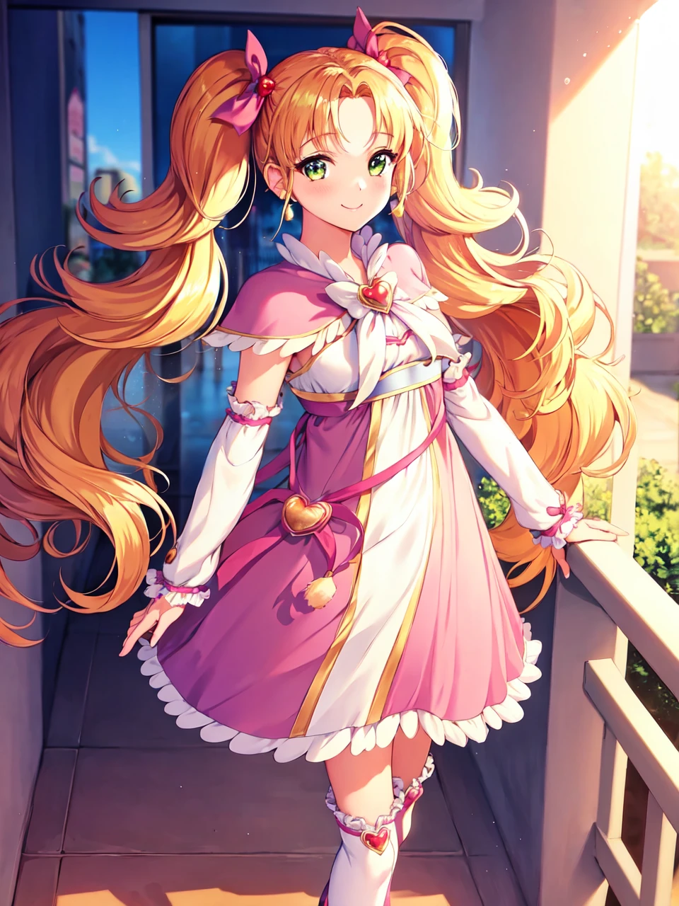 masterpiece, best quality, looking at viewer, depth of field, standing, 
1girl, <lora:locon_shiny_luminous_02:1>, shiny-luminous, twintails, pink dress, capelet, brooch, arm warmers, leg warmers, boots, porch, earrings, 
smile, ((gradient background)), lens flare,