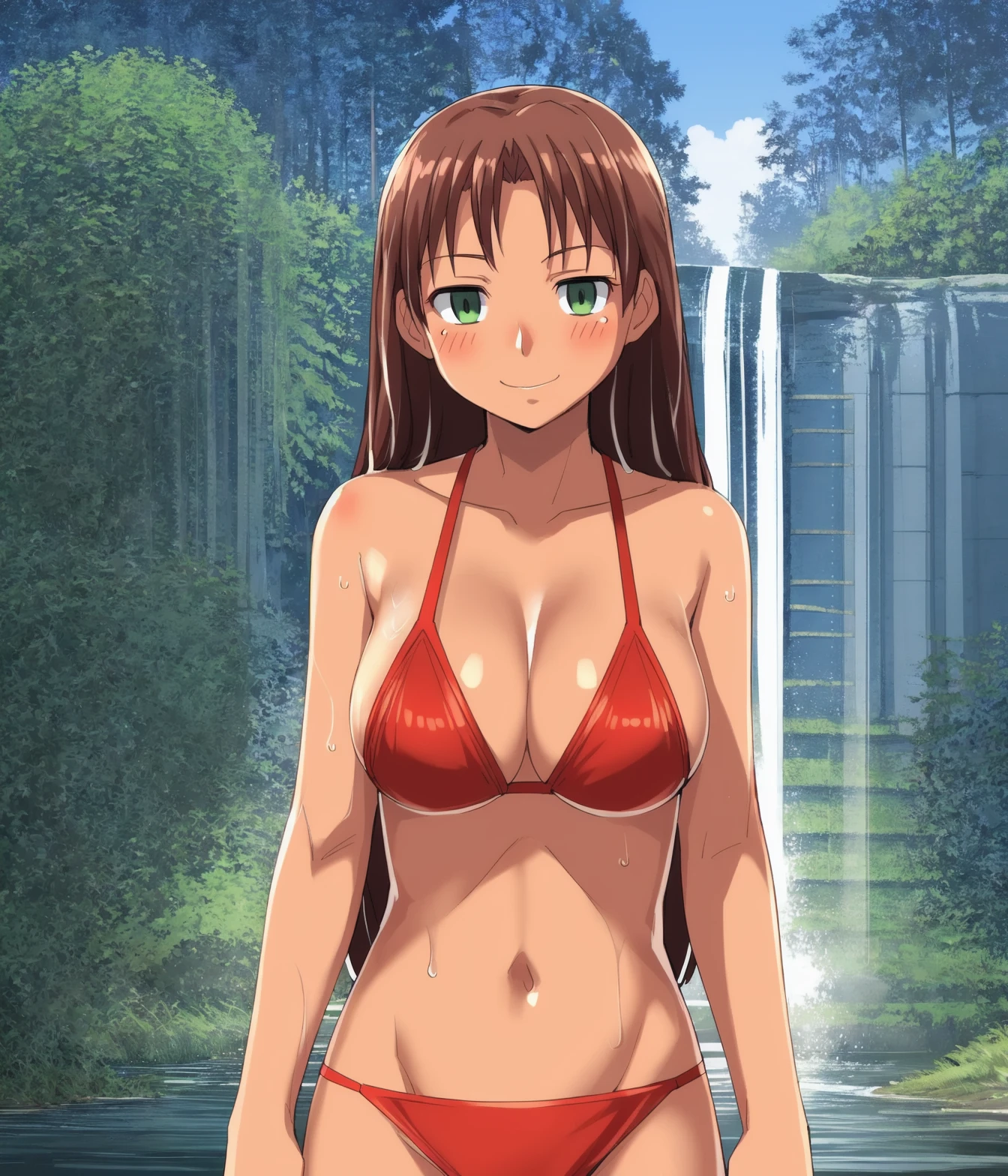 solo,woman,olga,brown hair,wet hair,Green eys,human,detailed hand,big breasts,red swimwear,<lora:Everlasting summer:0.67>,
nature,grove,waterfall,art by manmosu_marimo,