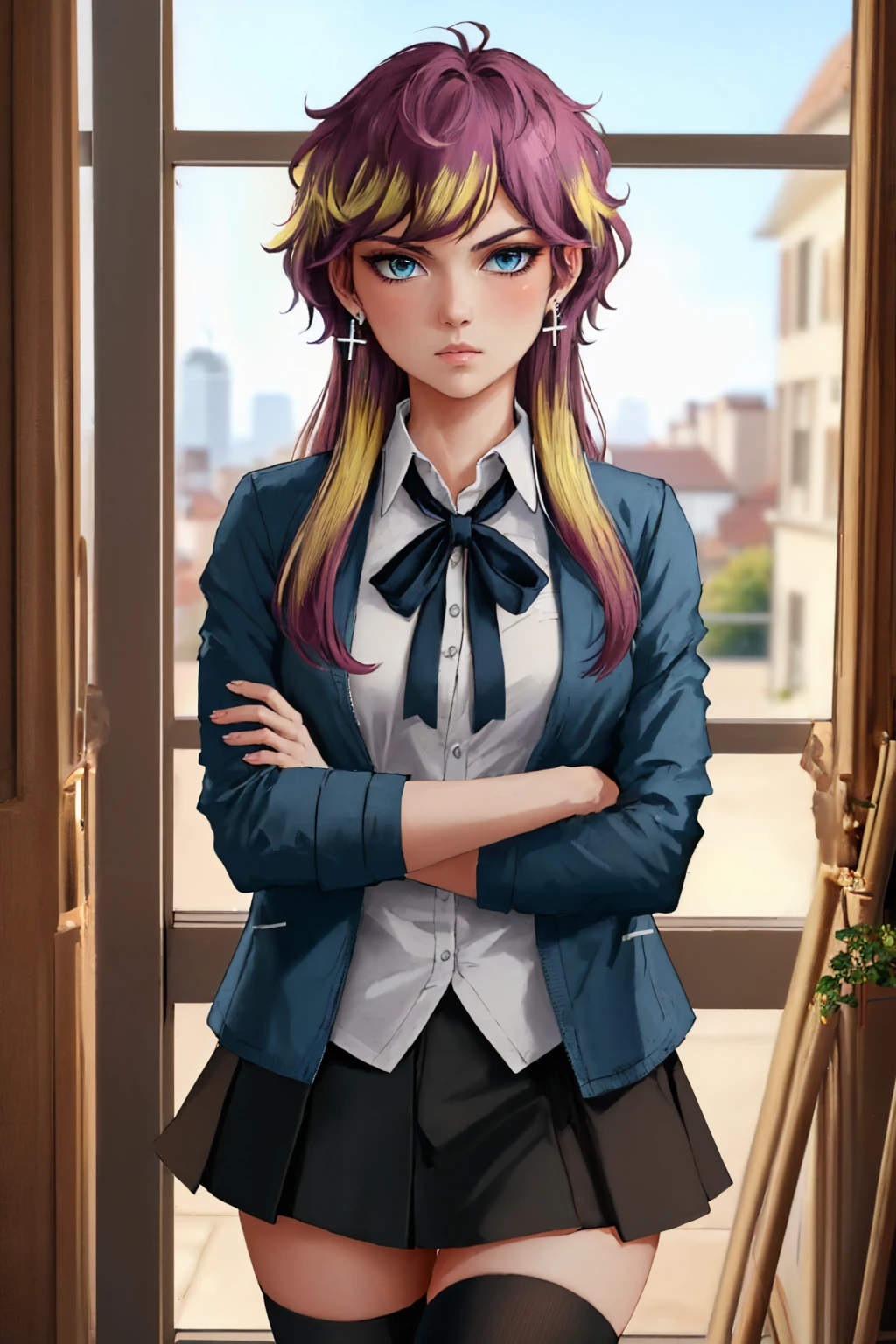 (masterpiece, best quality:1.2), solo, 1girl, seraphina, expressionless, looking at viewer, crossed arms, blue jacket, shirt, neck ribbon, skirt, thighhighs, cross earrings <lora:unordinary_seraphina-10:1>