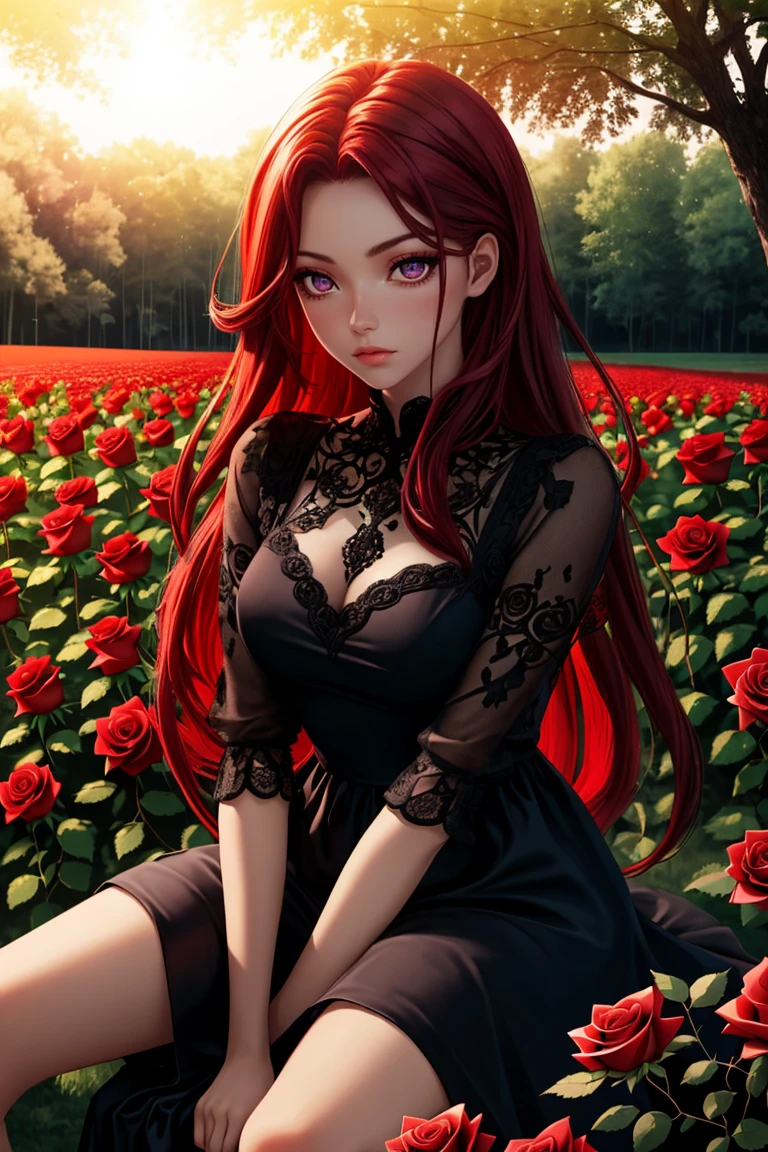 Cowboy Shot, ((glossy eyes)), (aesthetic, intricate:1.0), <lora:more_details:0.3>
1girl, red long hair, crimson eyes, detailed, crimson light, field of red roses, black dress, light particles, sitting on roses, outdoors, sunlight