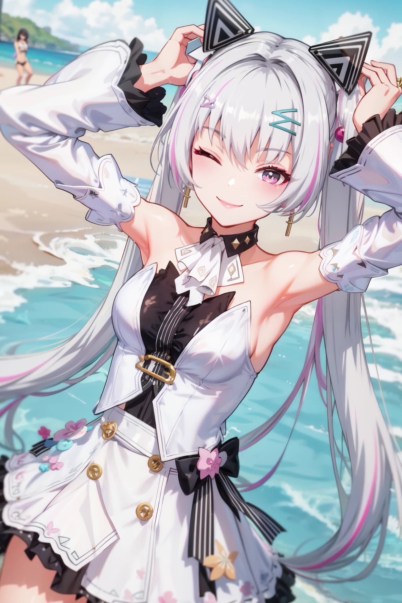 karenina, twintails, pink eyes, white hair, hair ornament, white dress, detached sleeves, smiling, wink, one eye closed, armpit, looking at viewer, at the beach, <lora:more_details:0.3>